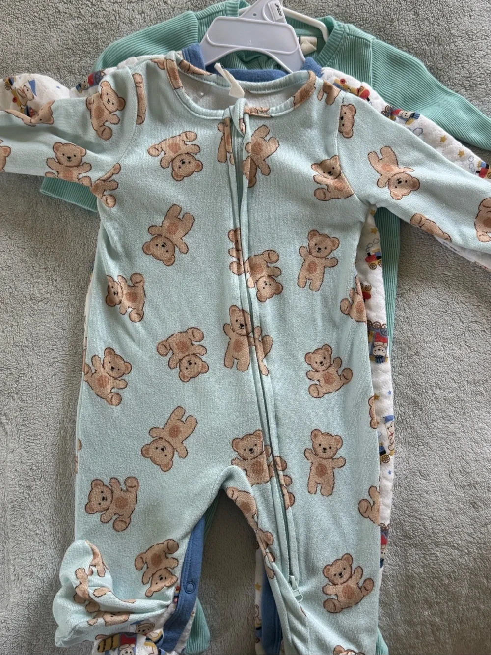 Cozy Baby Footed Pajamas Set - Teddy & Train Prints, Mint + White